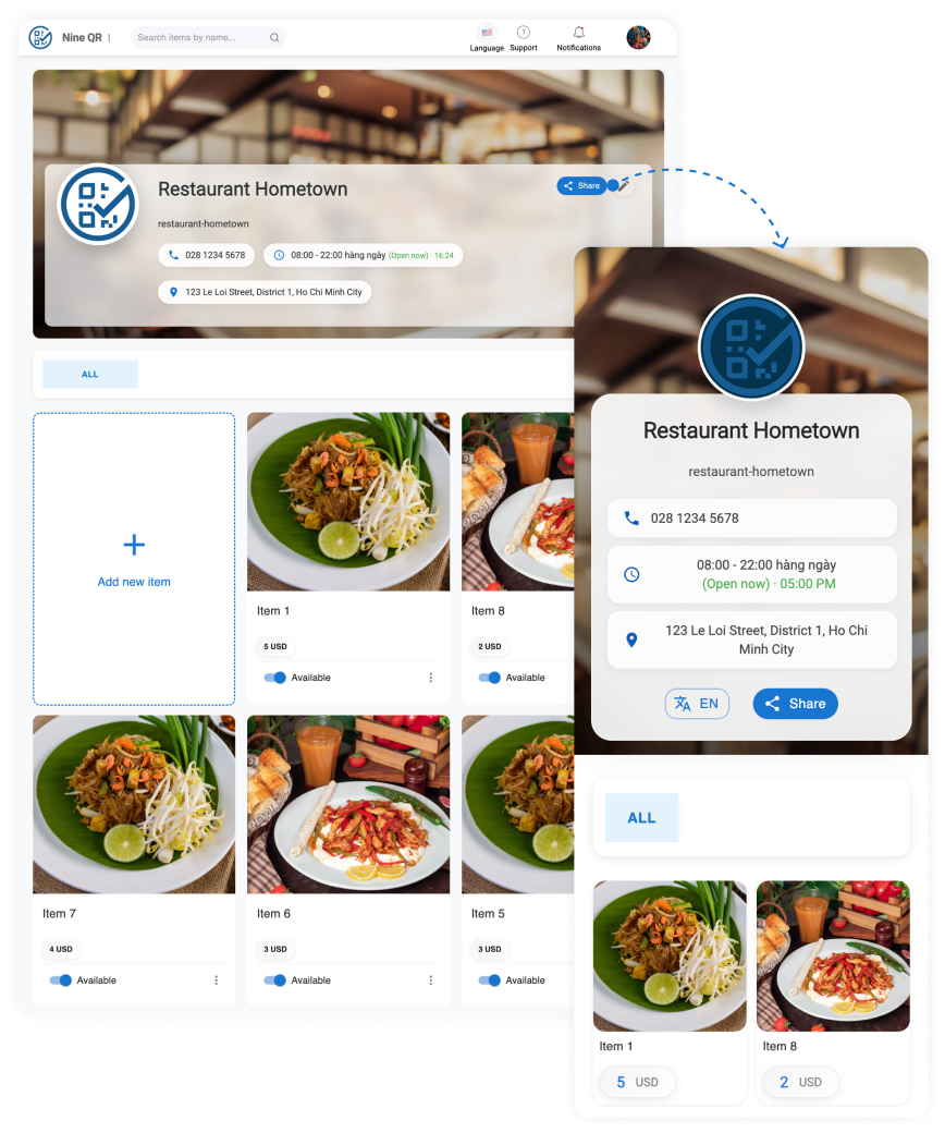 Example of a QR menu sharing screen