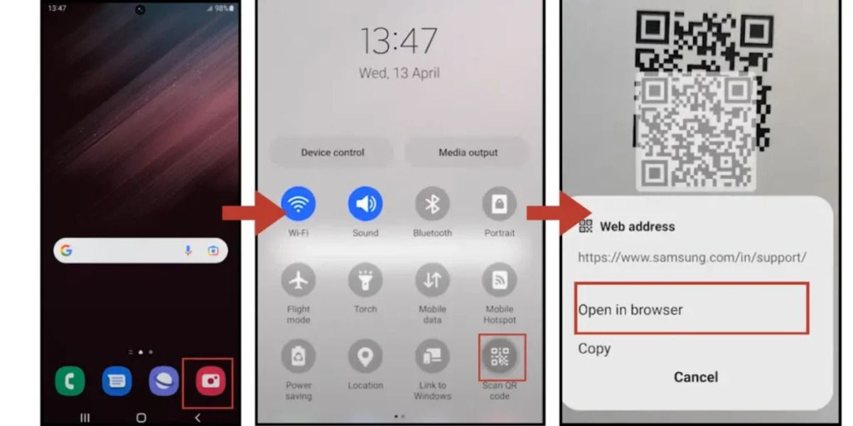 Android devices can scan QR codes using the Camera app or the Quick Settings scanner