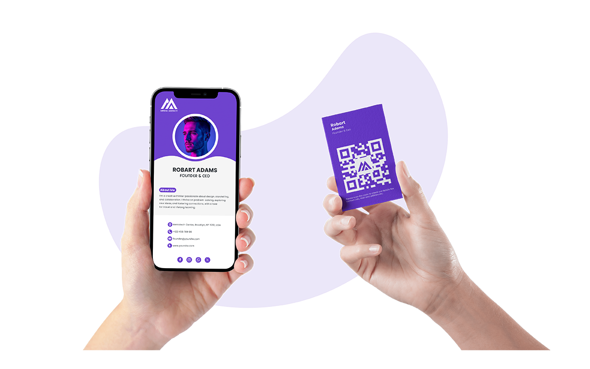 A digital business card enables instant, one-tap contact sharing and interactive portfolio display on mobile devices